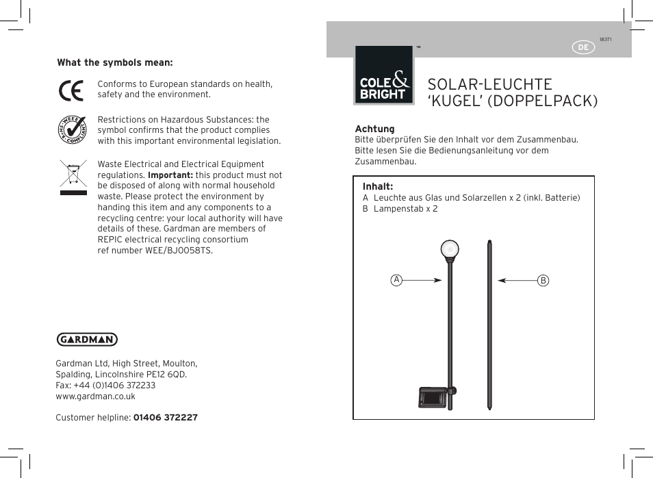 Solar-leuchte ‘kugel’ (doppelpack) | Gardman Border Balls White User Manual | Page 3 / 12