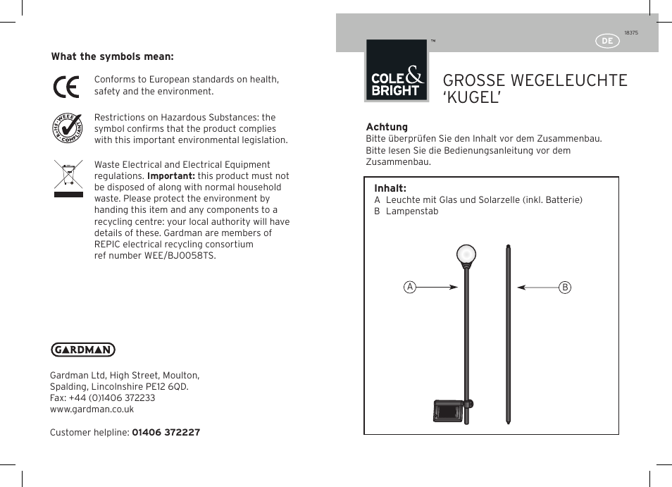 Grosse wegeleuchte ‘kugel | Gardman Large Border ball User Manual | Page 3 / 12