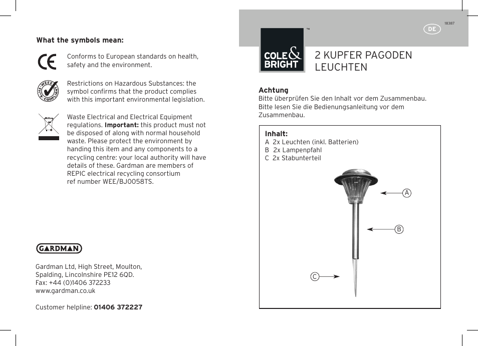 2 kupfer pagoden leuchten | Gardman 2 Copper Pagoda User Manual | Page 3 / 12