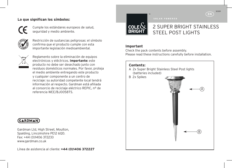 Gardman 2 Super Bright Stainless Steel Post lights User Manual | 12 pages