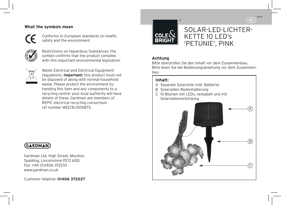 Solar-led-lichter- kette 10 led’s ‘petunie’, pink | Gardman Flower Chain Pink Lights User Manual | Page 3 / 12