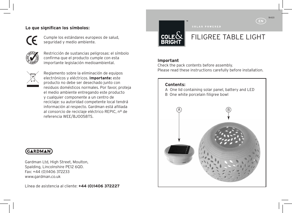 Gardman Filigree table Lights User Manual | 12 pages