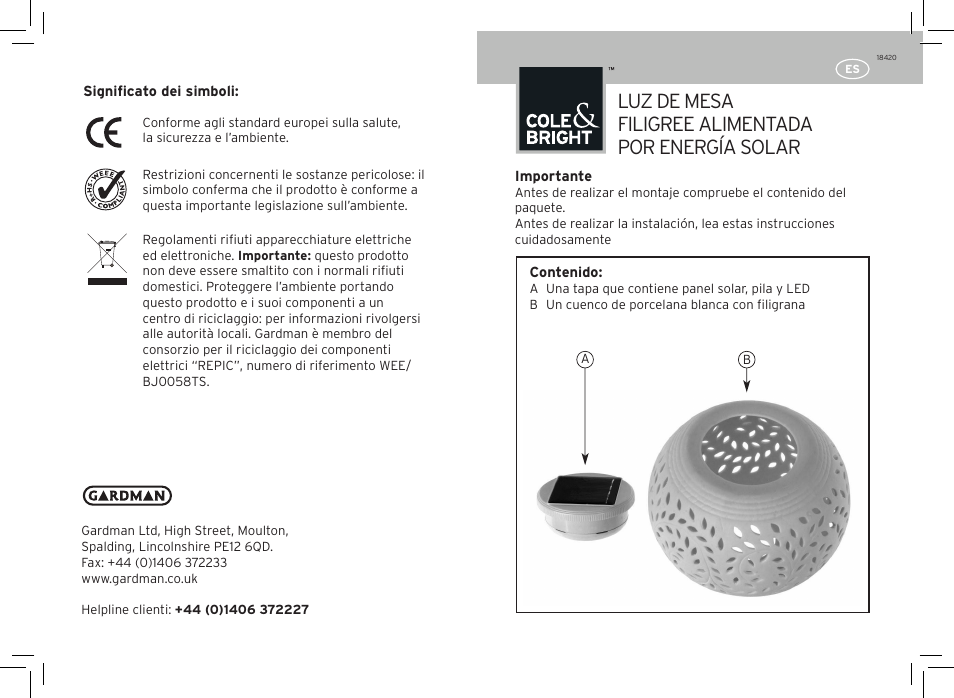 Luz de mesa filigree alimentada por energía solar | Gardman Filigree table Lights User Manual | Page 11 / 12
