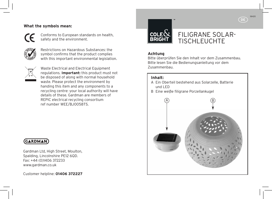 Filigrane solar- tischleuchte | Gardman Filigree table Lights User Manual | Page 3 / 12