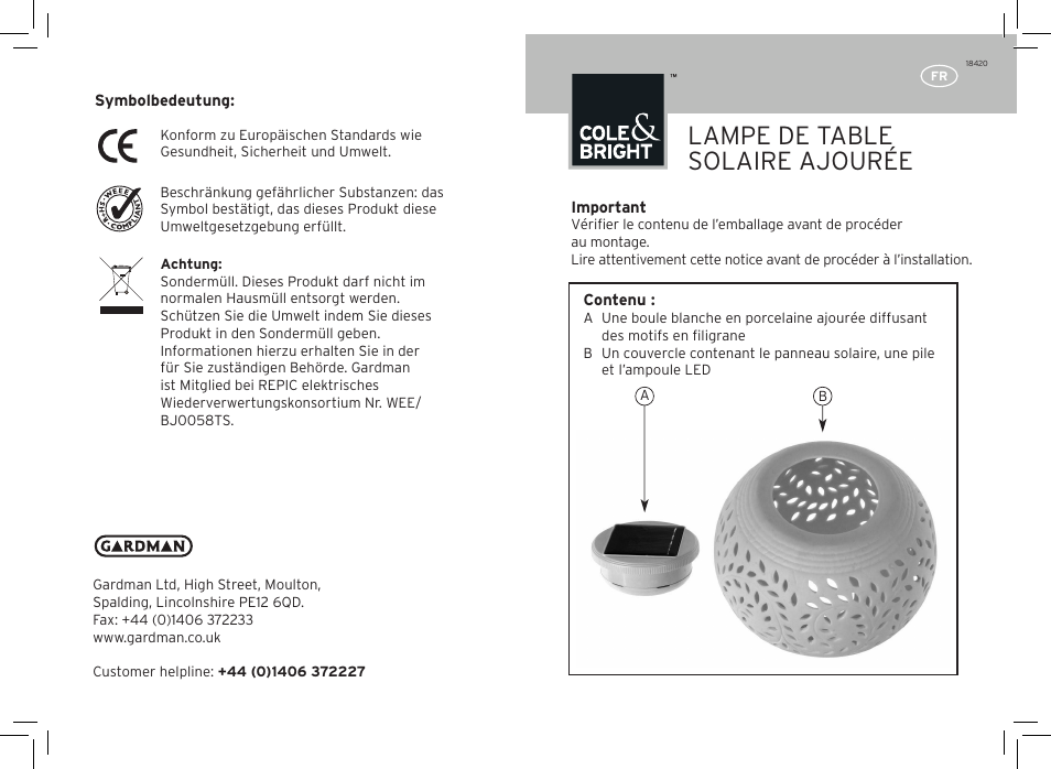 Lampe de table solaire ajourée | Gardman Filigree table Lights User Manual | Page 5 / 12