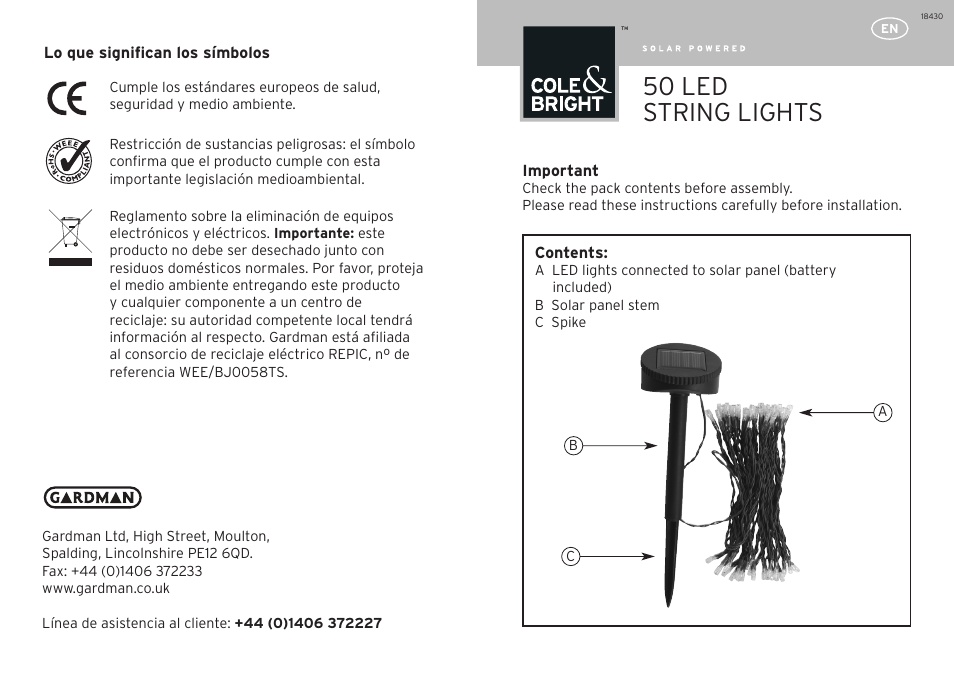 Gardman 50 LED String Lights User Manual | 12 pages