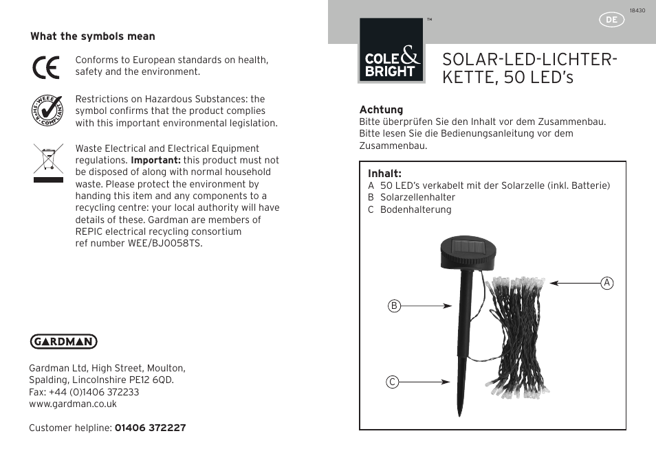 Solar-led-lichter- kette, 50 led’s | Gardman 50 LED String Lights User Manual | Page 3 / 12