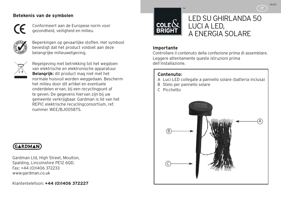 Led su ghirlanda 50 luci a led, a energia solare | Gardman 50 LED String Lights User Manual | Page 9 / 12