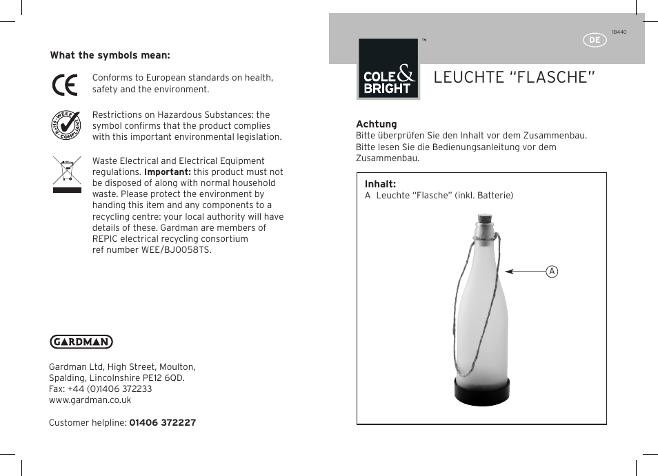 Leuchte “flasche | Gardman Bottle Light User Manual | Page 3 / 12