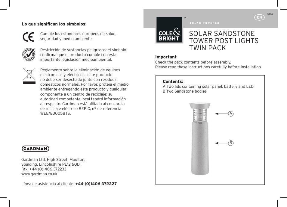 Gardman Solar Sandstone Tower Post Light User Manual | 12 pages