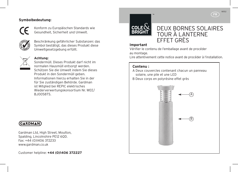 Deux bornes solaires tour à lanterne effet grès | Gardman Solar Sandstone Tower Post Light User Manual | Page 5 / 12