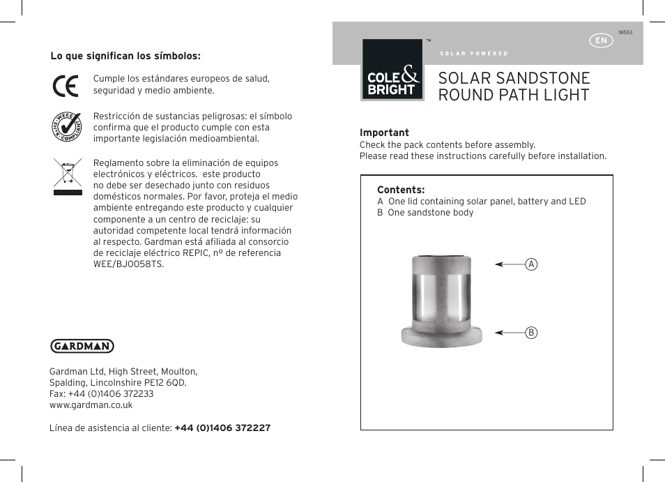 Gardman Solar Sandstone Round Path Light User Manual | 12 pages