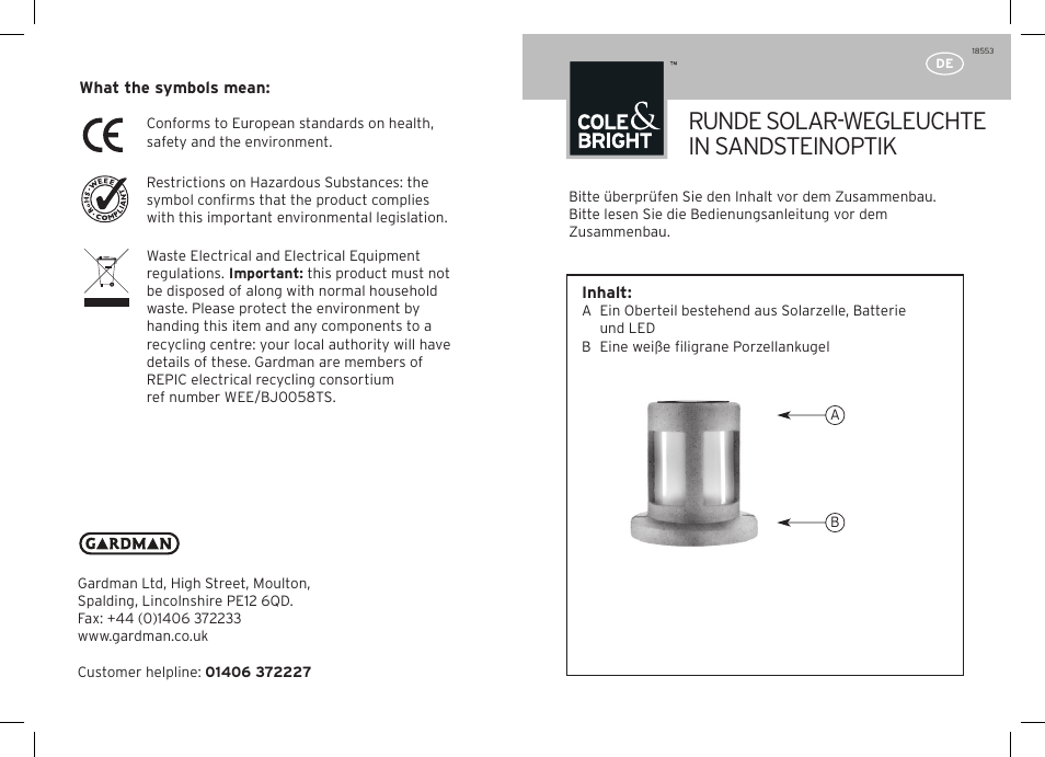 Runde solar-wegleuchte in sandsteinoptik | Gardman Solar Sandstone Round Path Light User Manual | Page 3 / 12