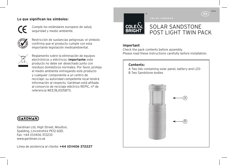 Gardman Solar Sandstone Post Light Twin Pack User Manual | 12 pages