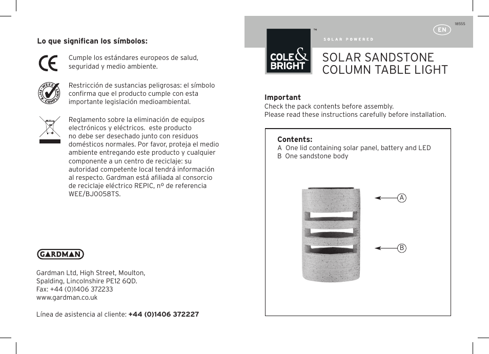 Gardman Solar Sandstone Column Table Light User Manual | 12 pages