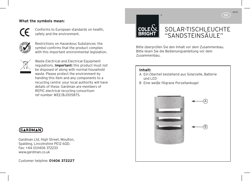 Solar-tischleuchte “sandsteinsäule | Gardman Solar Sandstone Column Table Light User Manual | Page 3 / 12