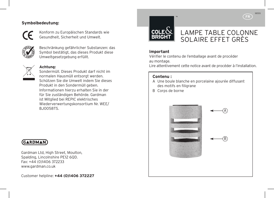 Lampe table colonne solaire effet grès | Gardman Solar Sandstone Column Table Light User Manual | Page 5 / 12