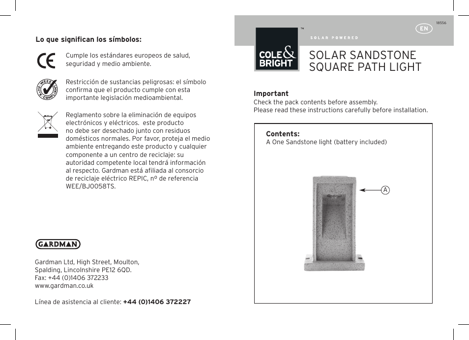 Gardman Solar Sandstone Square Path Light User Manual | 12 pages