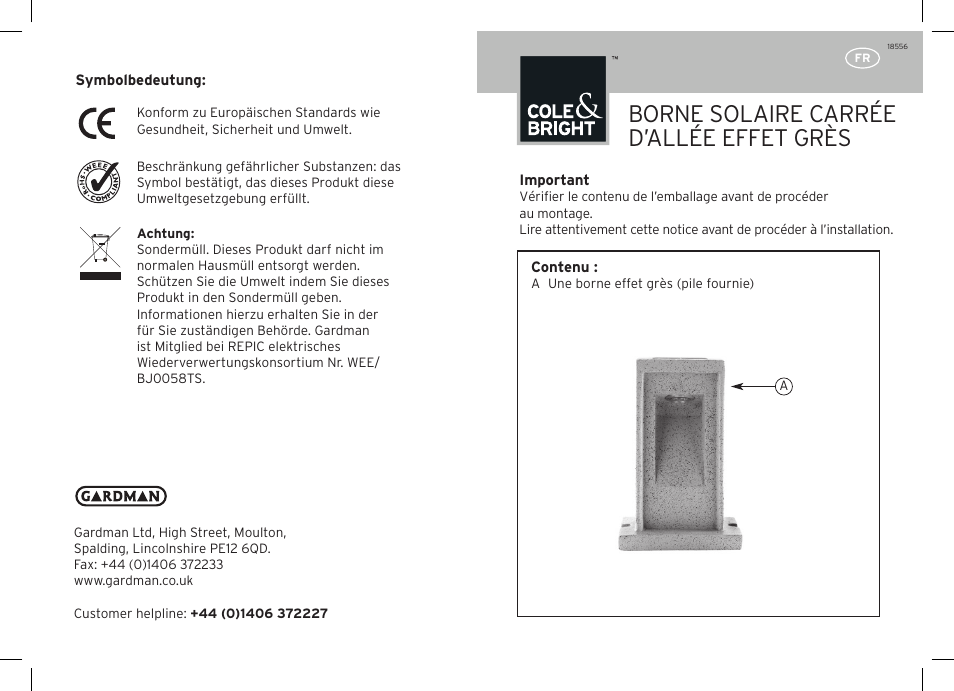 Borne solaire carrée d’allée effet grès | Gardman Solar Sandstone Square Path Light User Manual | Page 5 / 12