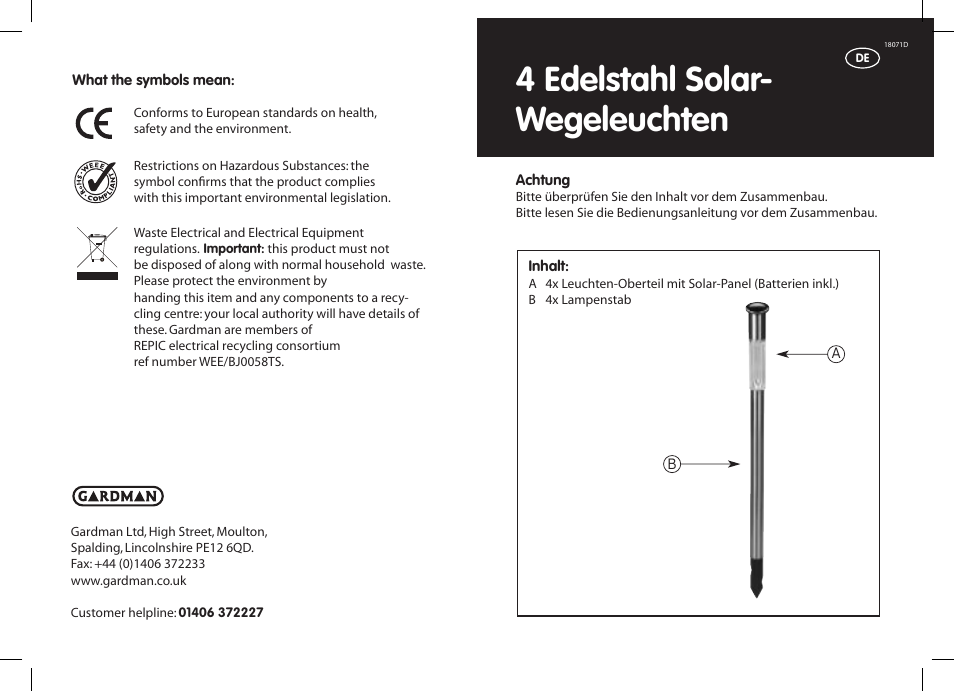 4 edelstahl solar- wegeleuchten | Gardman SS Post Lights User Manual | Page 3 / 12