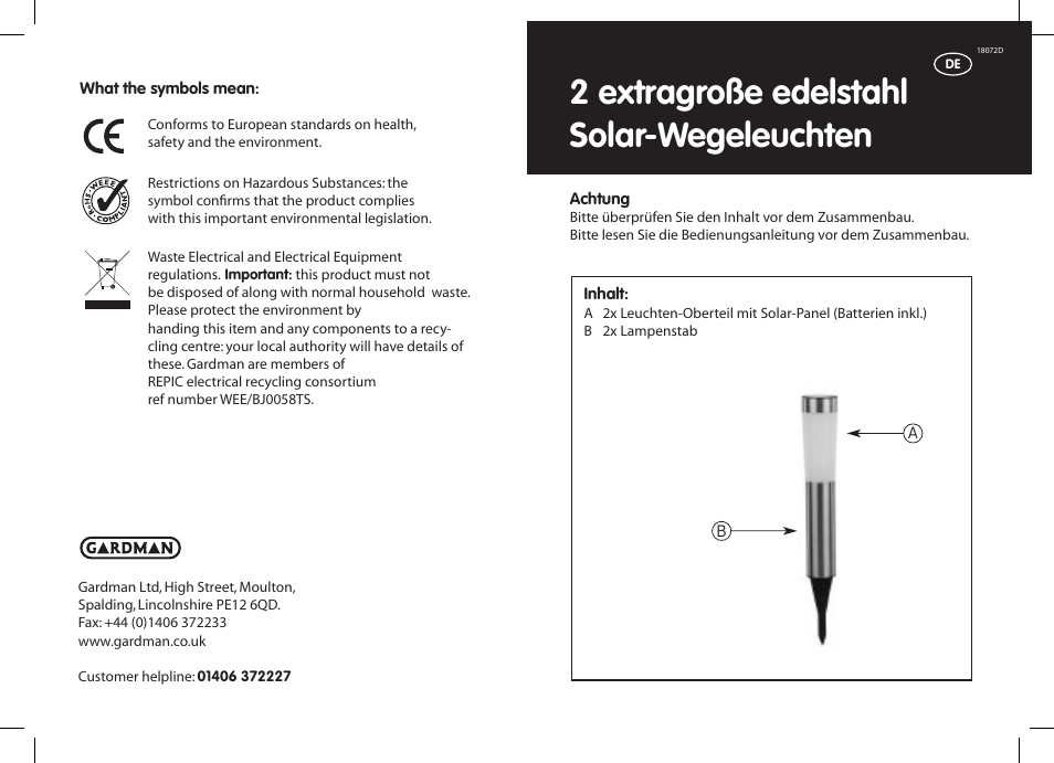 2 extragroße edelstahl solar-wegeleuchten | Gardman SS XL Post Lights User Manual | Page 3 / 12