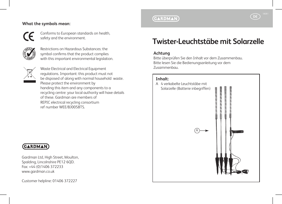 Twister-leuchtstäbe mit solarzelle | Gardman Solar Twister Glowsticks User Manual | Page 3 / 12