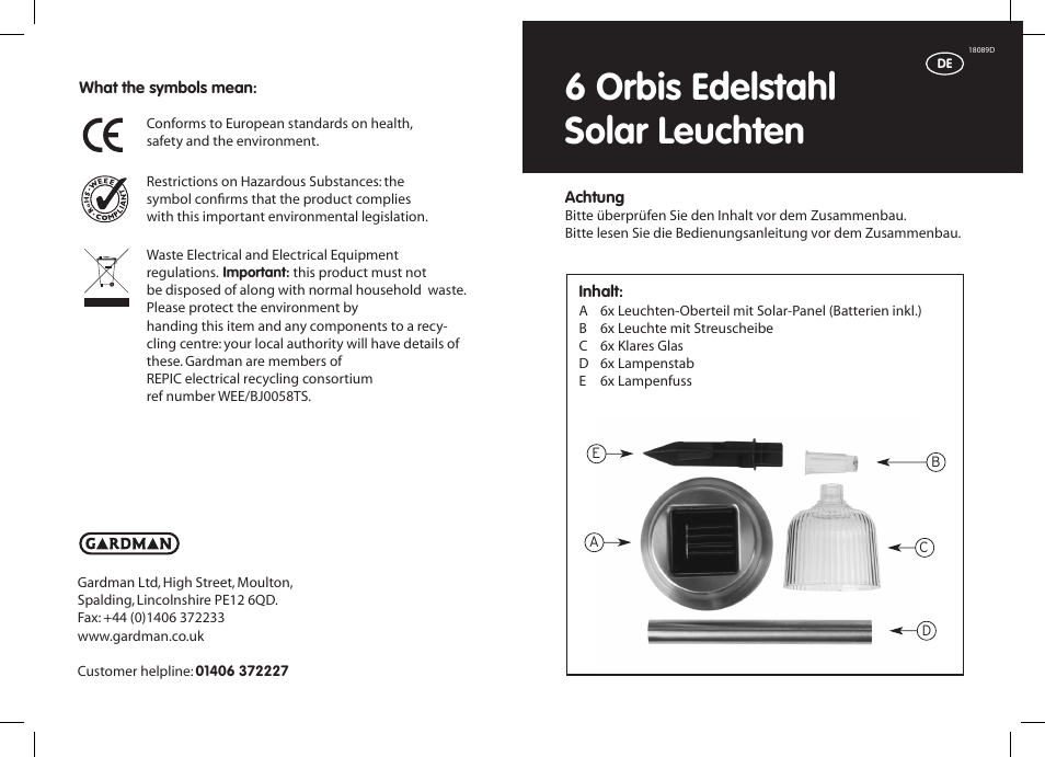 6 orbis edelstahl solar leuchten | Gardman 6 Orbis SS Solar Lights User Manual | Page 3 / 12