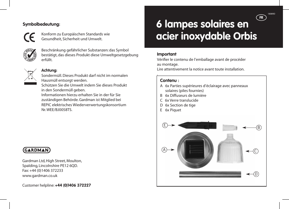 6 lampes solaires en acier inoxydable orbis | Gardman 6 Orbis SS Solar Lights User Manual | Page 5 / 12