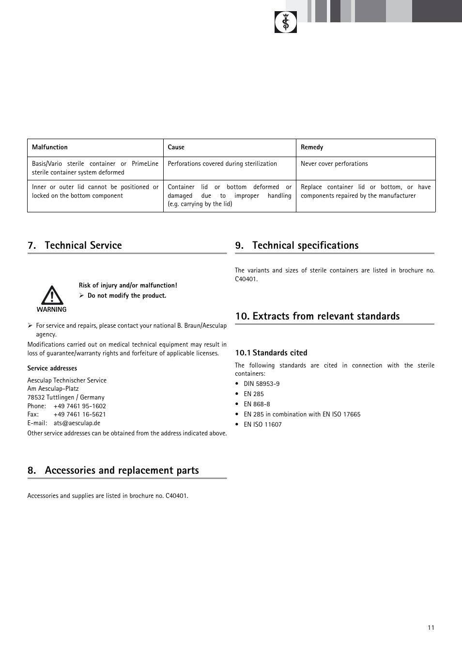 Technical service, Accessories and replacement parts, Technical specifications | Extracts from relevant standards | Braun Sterile Container System 9-Jul User Manual | Page 13 / 84
