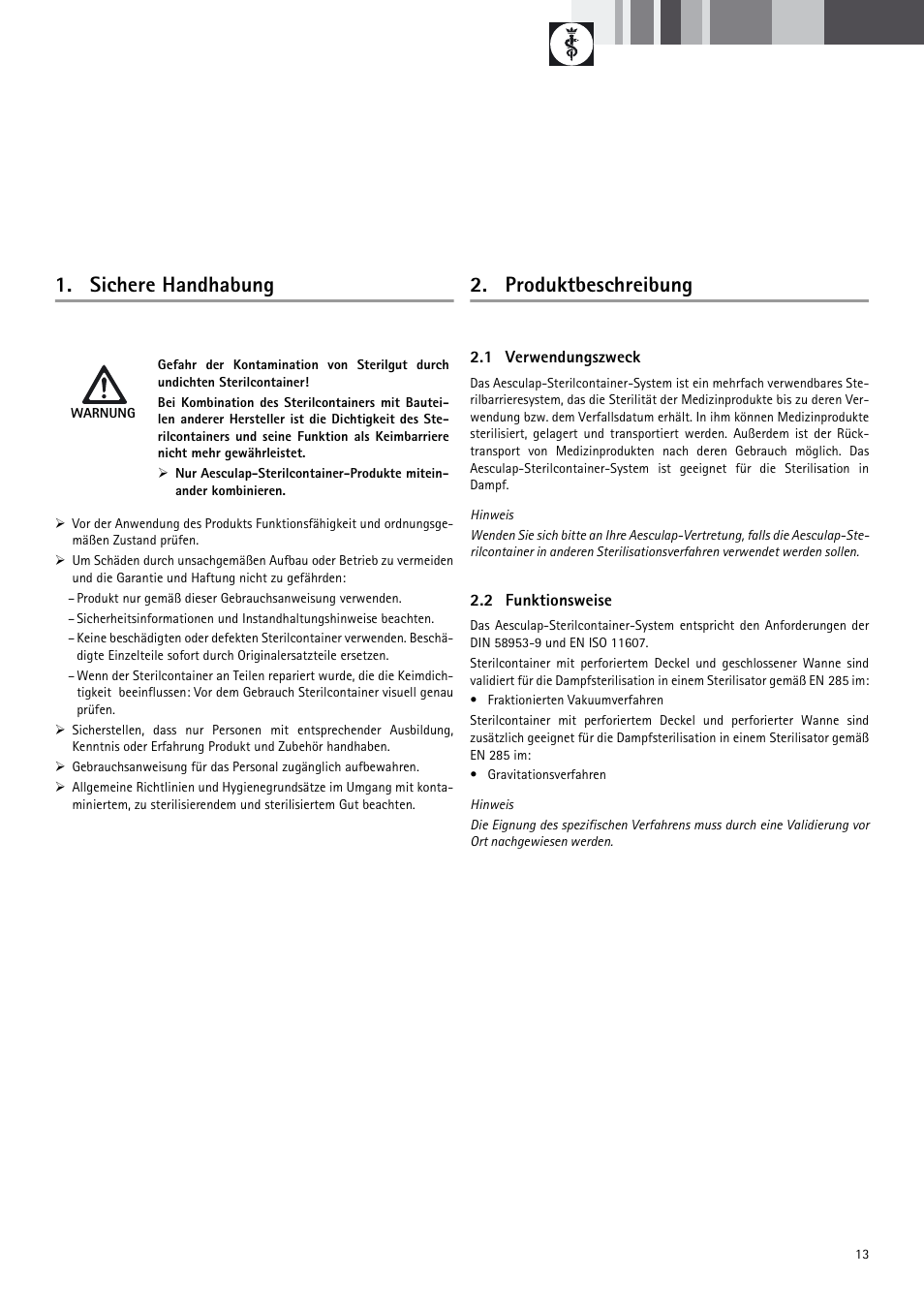 Sichere handhabung, Produktbeschreibung | Braun Sterile Container System 9-Jul User Manual | Page 15 / 84