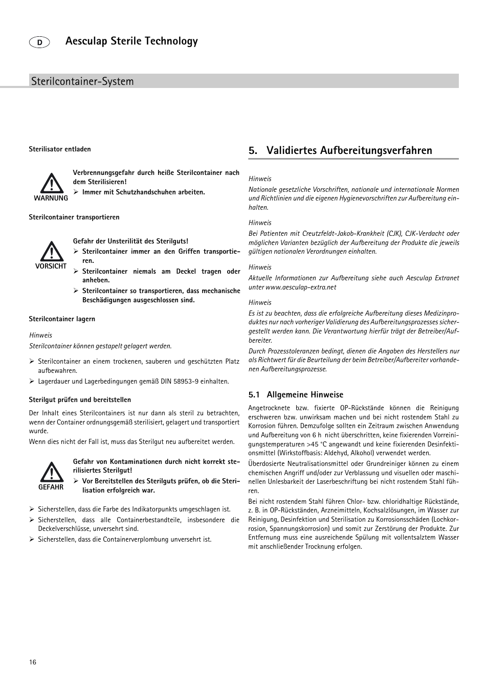 Sterilcontainer-system aesculap sterile technology, Validiertes aufbereitungsverfahren | Braun Sterile Container System 9-Jul User Manual | Page 18 / 84