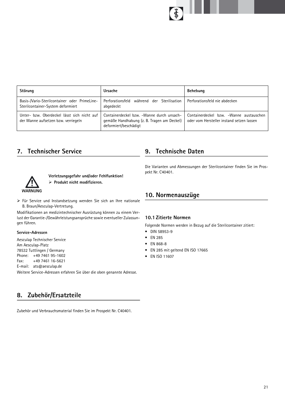 Technischer service, Zubehör/ersatzteile, Technische daten | Normenauszüge | Braun Sterile Container System 9-Jul User Manual | Page 23 / 84