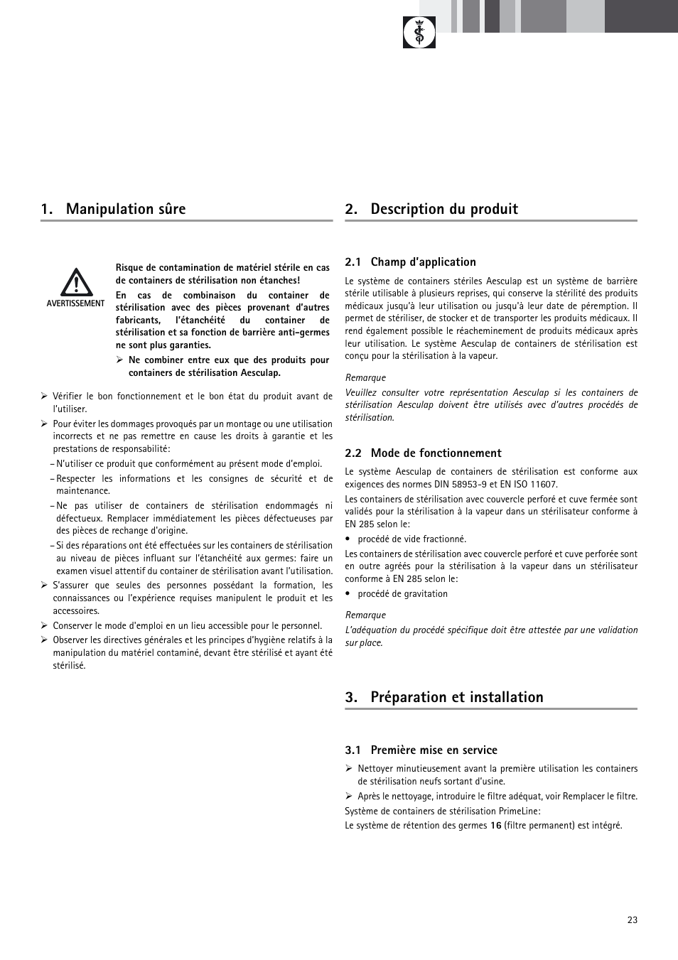 Manipulation sûre, Description du produit, Préparation et installation | Braun Sterile Container System 9-Jul User Manual | Page 25 / 84
