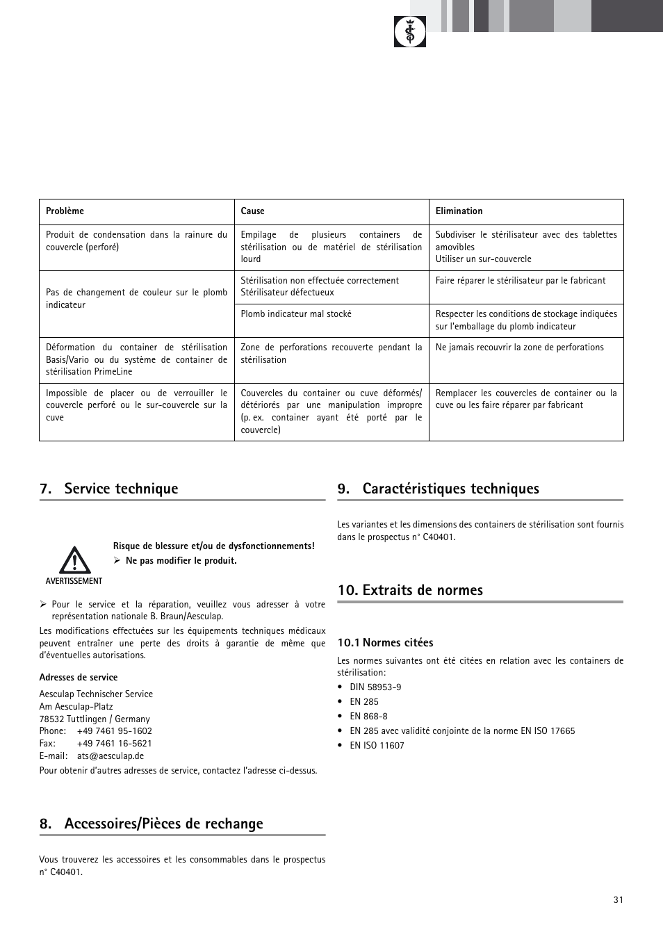 Service technique, Accessoires/pièces de rechange, Caractéristiques techniques | Extraits de normes | Braun Sterile Container System 9-Jul User Manual | Page 33 / 84