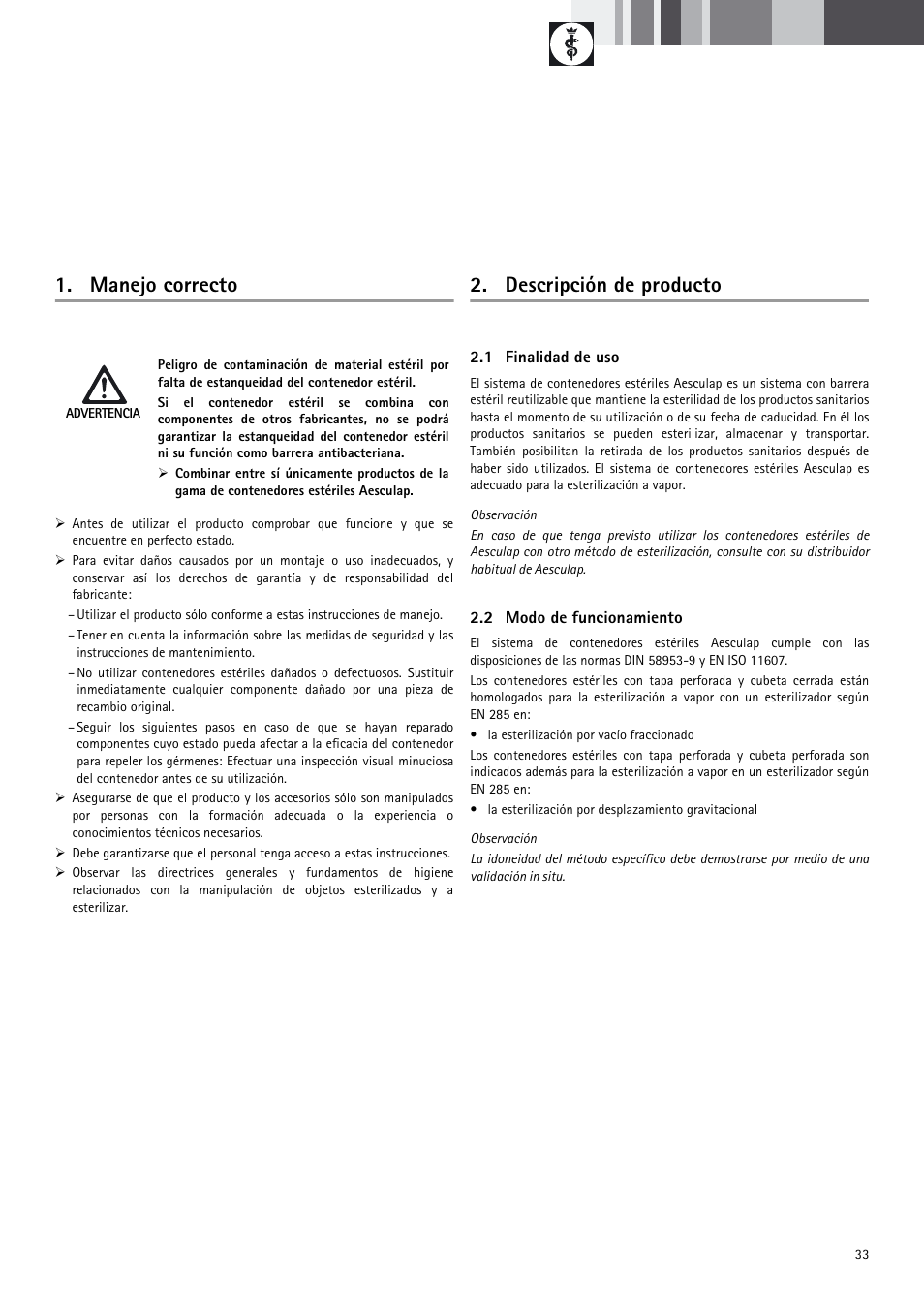 Manejo correcto, Descripción de producto | Braun Sterile Container System 9-Jul User Manual | Page 35 / 84