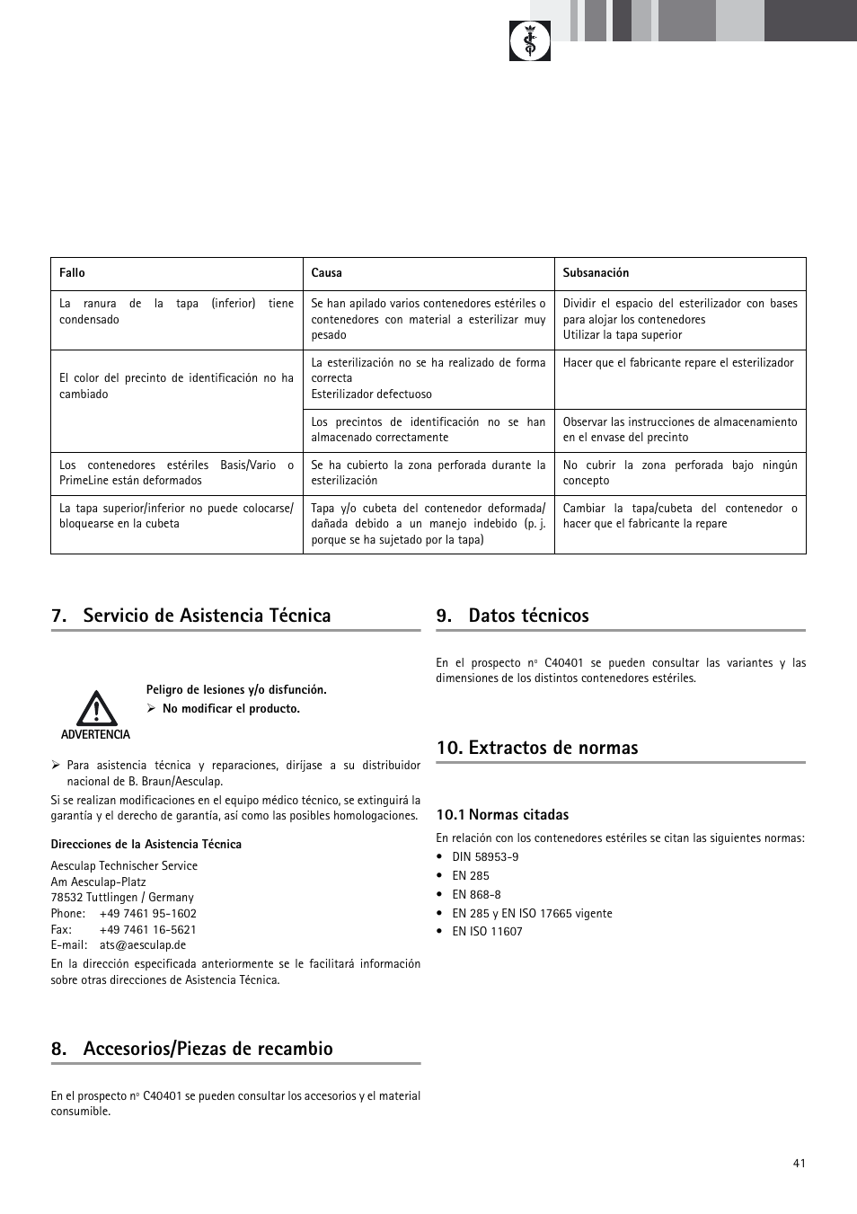 Servicio de asistencia técnica, Accesorios/piezas de recambio, Datos técnicos | Extractos de normas | Braun Sterile Container System 9-Jul User Manual | Page 43 / 84