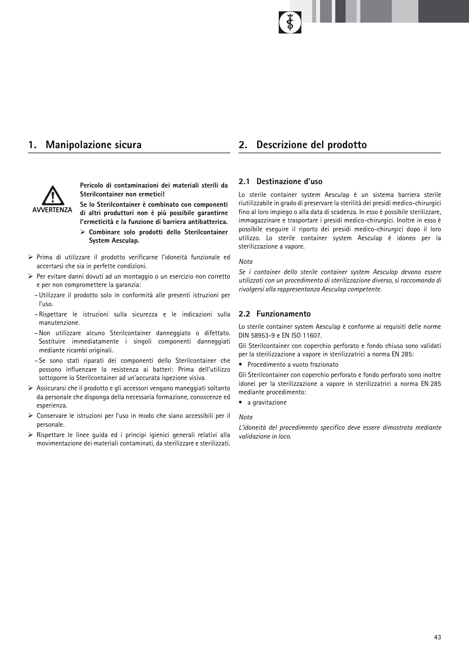 Manipolazione sicura, Descrizione del prodotto | Braun Sterile Container System 9-Jul User Manual | Page 45 / 84