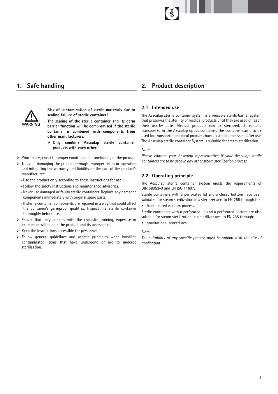 Safe handling, Product description | Braun Sterile Container System 9-Jul User Manual | Page 5 / 84