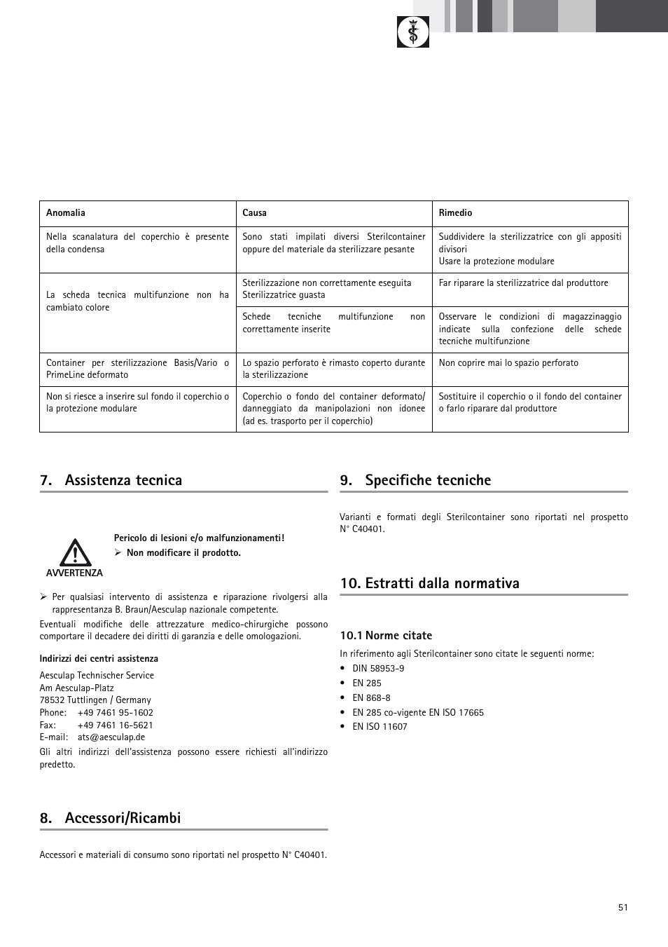 Assistenza tecnica, Accessori/ricambi, Specifiche tecniche | Estratti dalla normativa | Braun Sterile Container System 9-Jul User Manual | Page 53 / 84