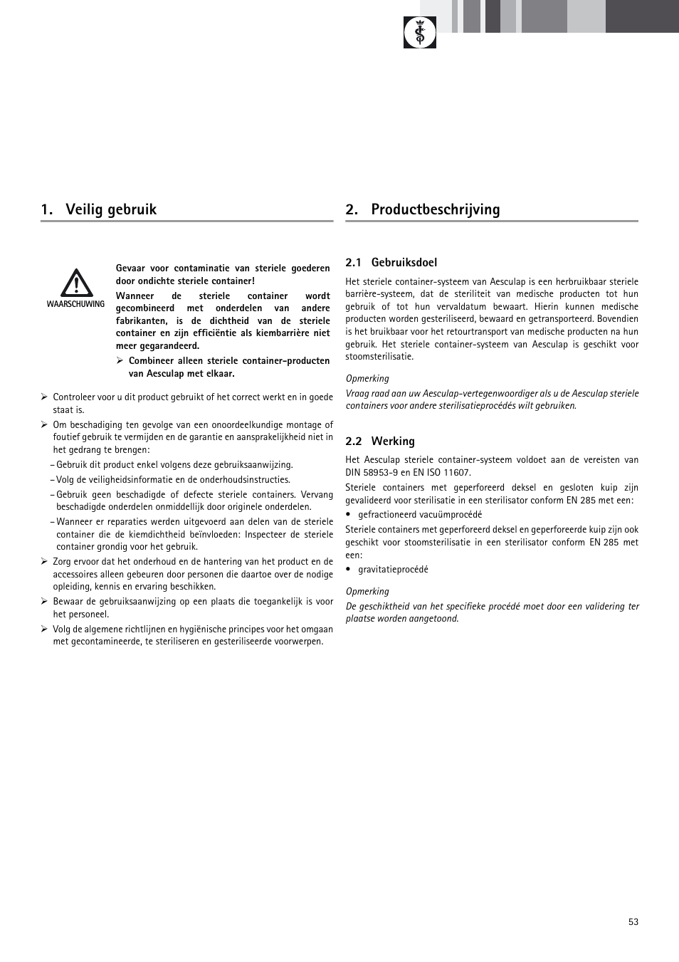 Veilig gebruik, Productbeschrijving | Braun Sterile Container System 9-Jul User Manual | Page 55 / 84