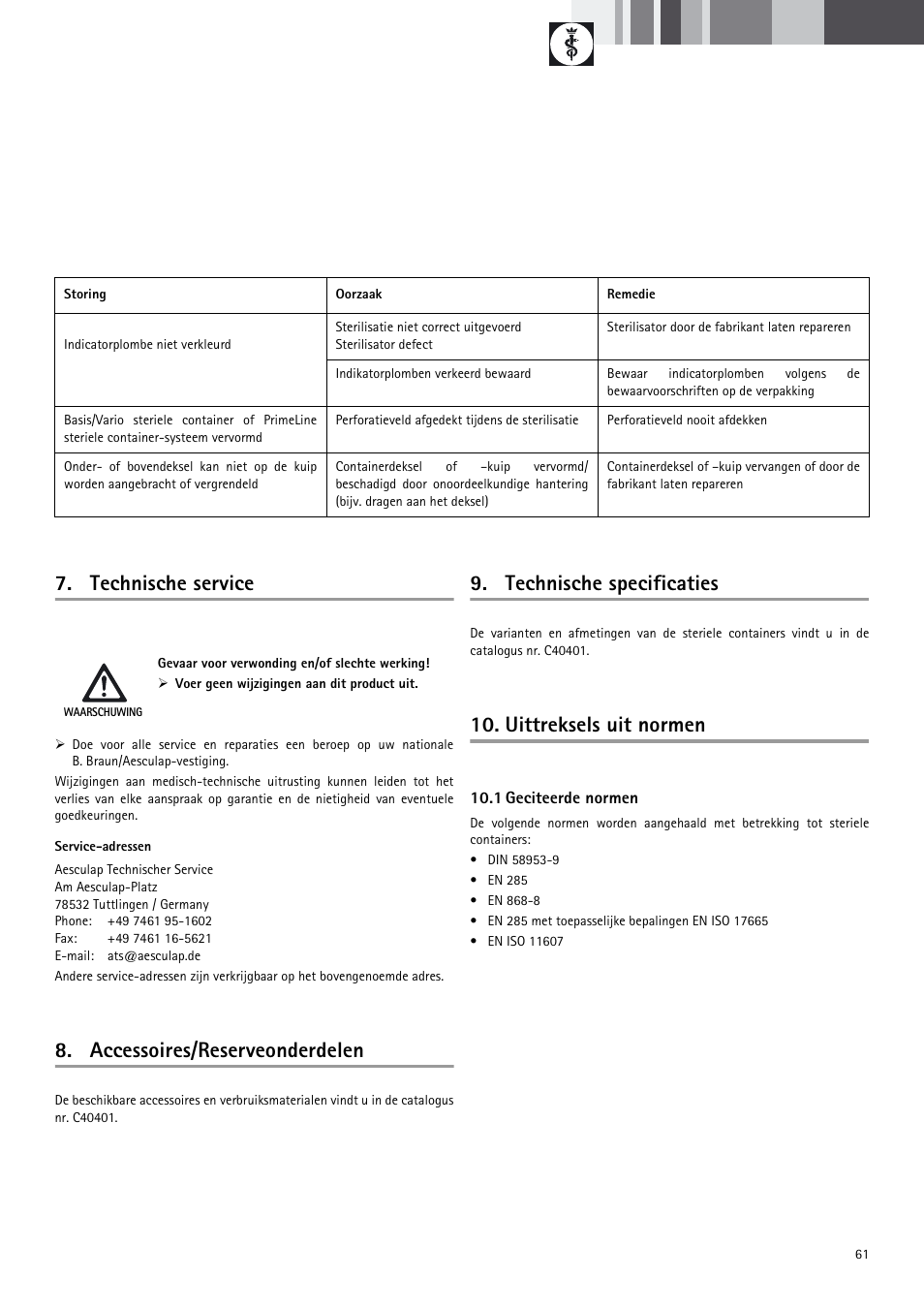Technische service, Accessoires/reserveonderdelen, Technische specificaties | Uittreksels uit normen | Braun Sterile Container System 9-Jul User Manual | Page 63 / 84
