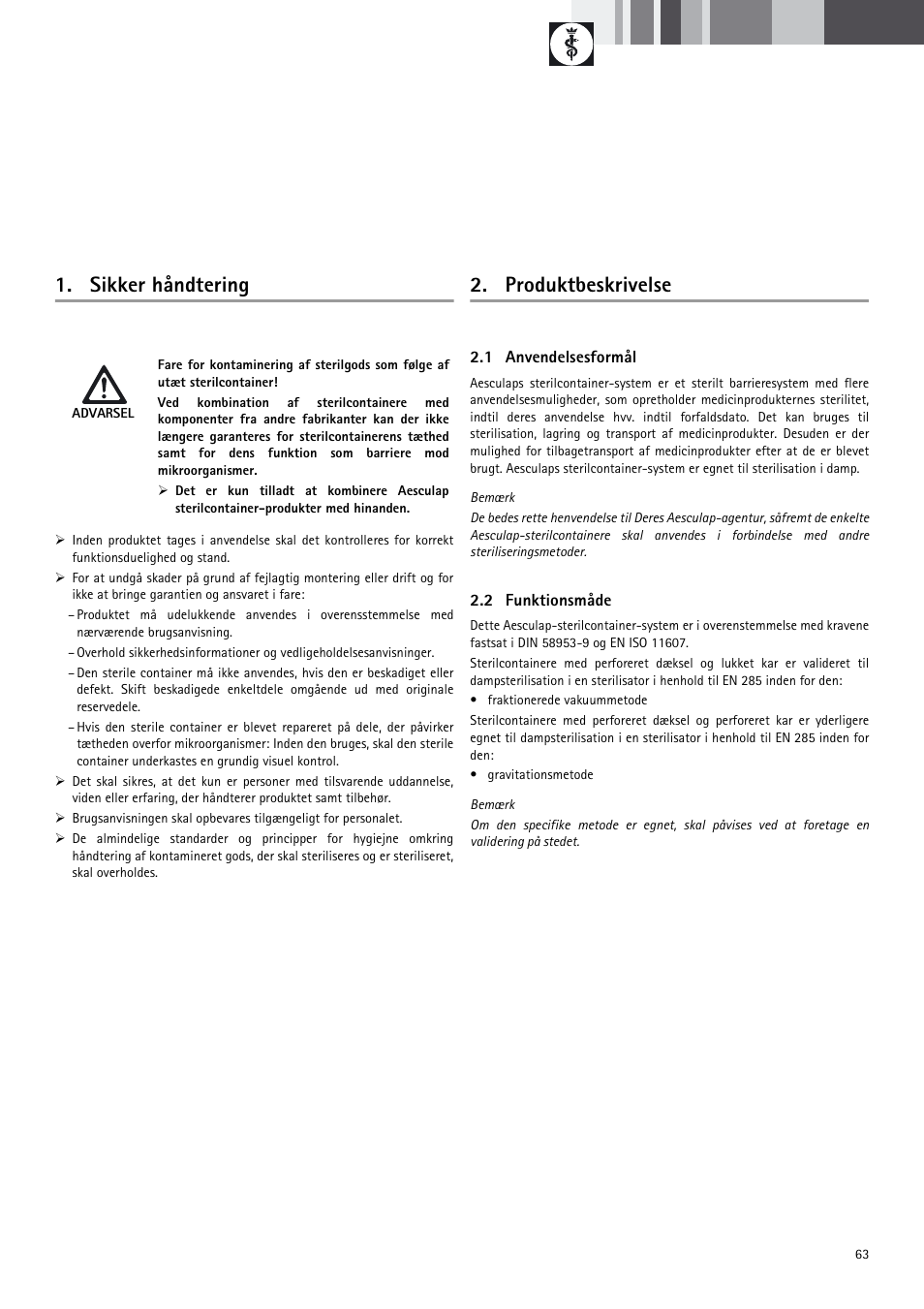 Sikker håndtering, Produktbeskrivelse | Braun Sterile Container System 9-Jul User Manual | Page 65 / 84