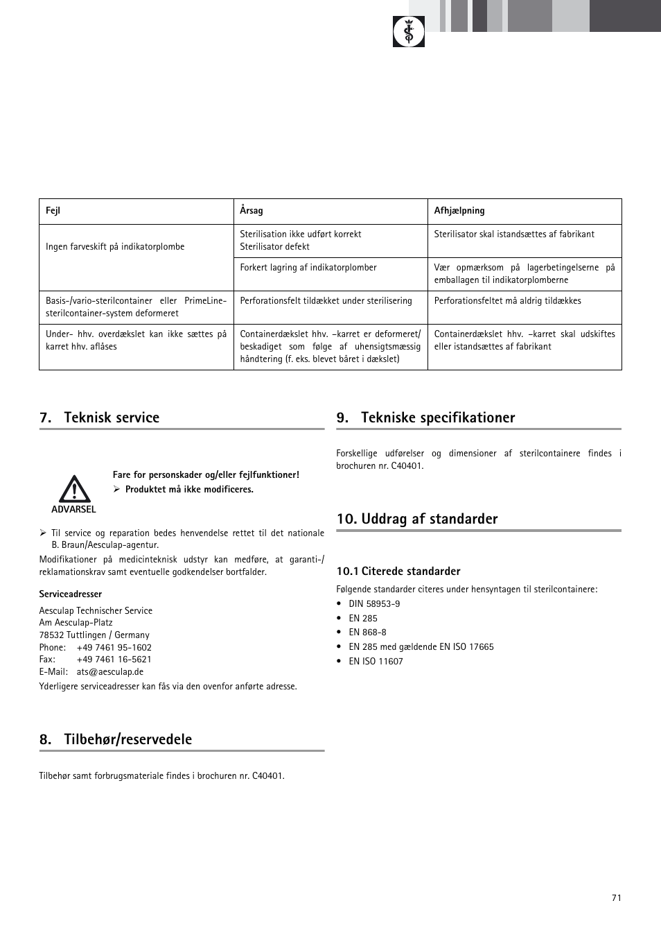 Teknisk service, Tilbehør/reservedele, Tekniske specifikationer | Uddrag af standarder | Braun Sterile Container System 9-Jul User Manual | Page 73 / 84