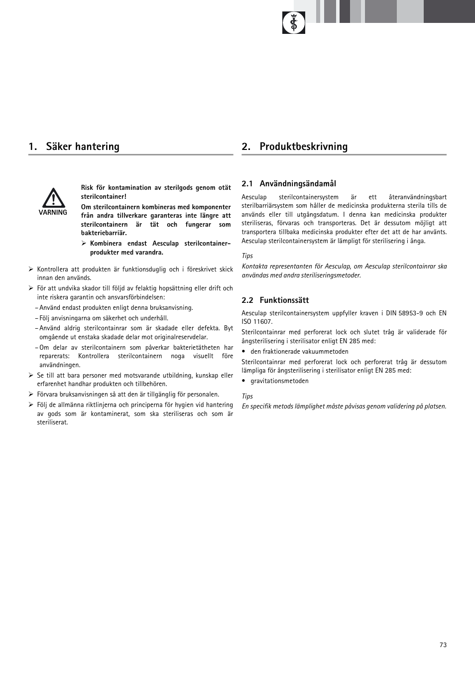 Säker hantering, Produktbeskrivning | Braun Sterile Container System 9-Jul User Manual | Page 75 / 84