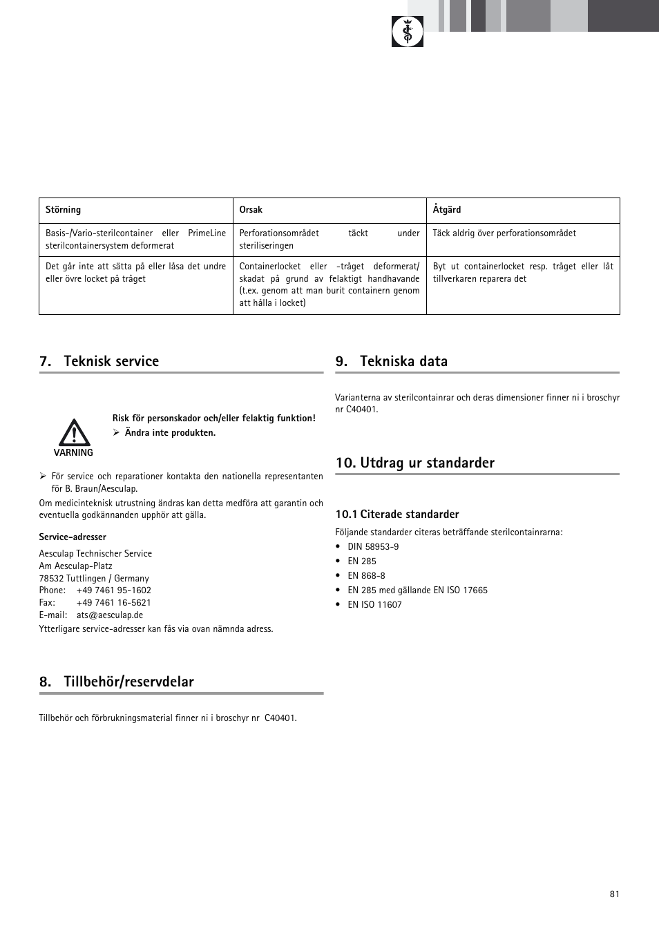 Teknisk service, Tillbehör/reservdelar, Tekniska data | Utdrag ur standarder | Braun Sterile Container System 9-Jul User Manual | Page 83 / 84