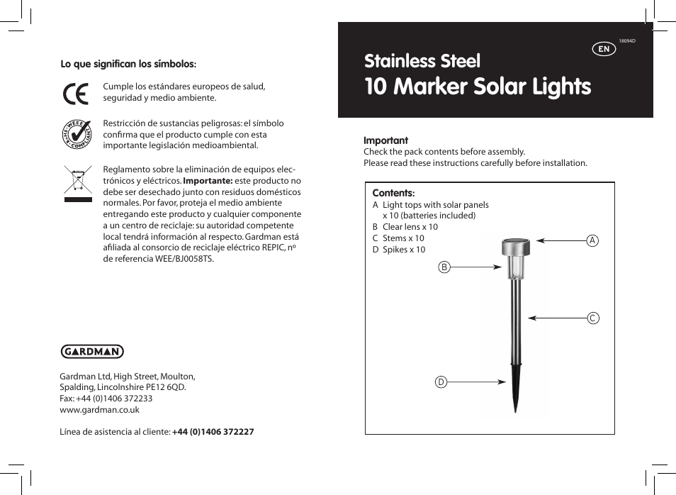 Gardman 10 Marker Solar Lights User Manual | 12 pages