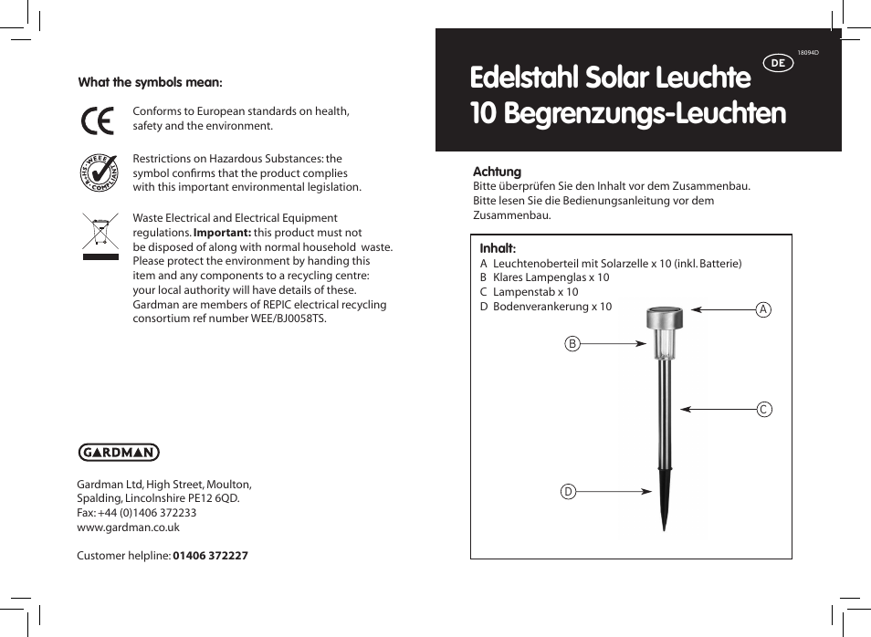 Edelstahl solar leuchte 10 begrenzungs-leuchten | Gardman 10 Marker Solar Lights User Manual | Page 3 / 12