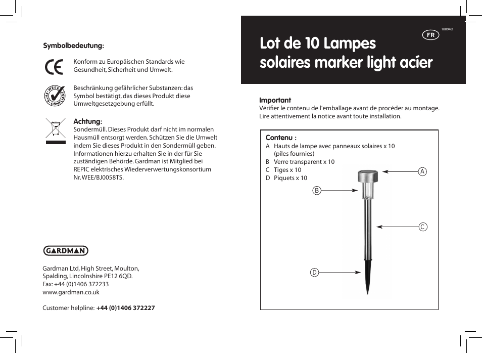 Lot de 10 lampes solaires marker light acíer | Gardman 10 Marker Solar Lights User Manual | Page 5 / 12