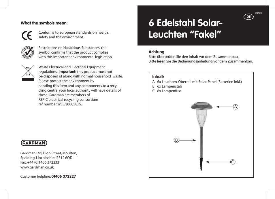 6 edelstahl solar- leuchten “fakel | Gardman 6 Flare SS Solar Light User Manual | Page 3 / 12