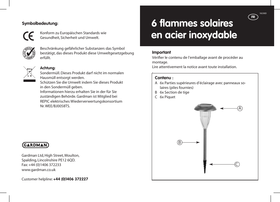 6 flammes solaires en acier inoxydable | Gardman 6 Flare SS Solar Light User Manual | Page 5 / 12